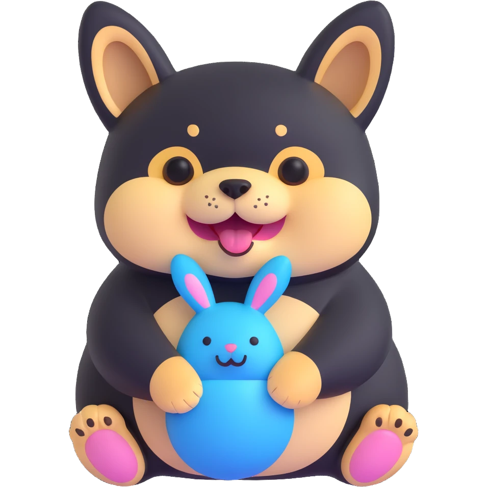 chubby black shiba inu with blue bunny plush in mouth, happy expression, cheese scent implied emoji