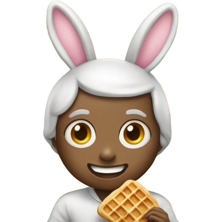 A boy dressed as a bunny eating a waffle emoji