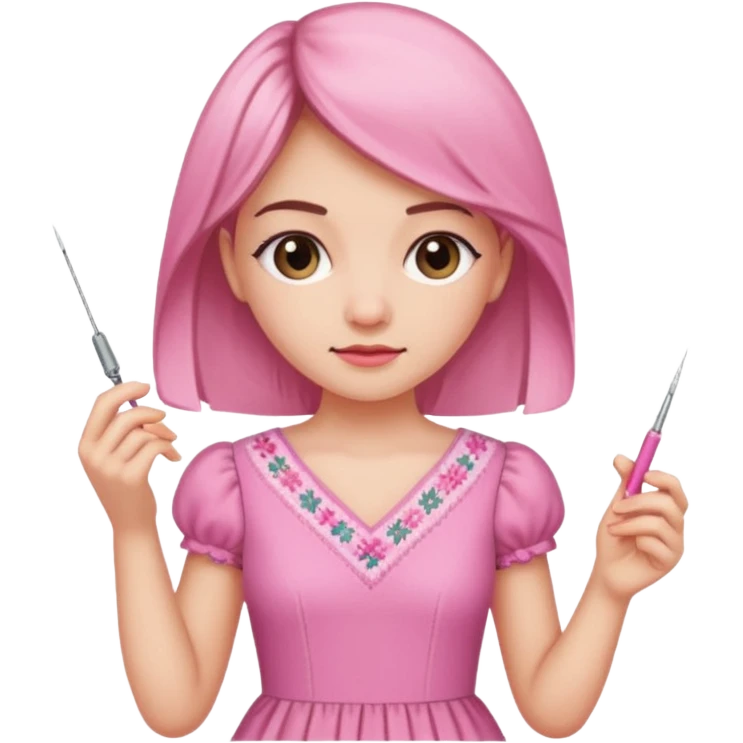 یه دختر با لباس صورتی ودر حال دوختن شماره دوزی emoji