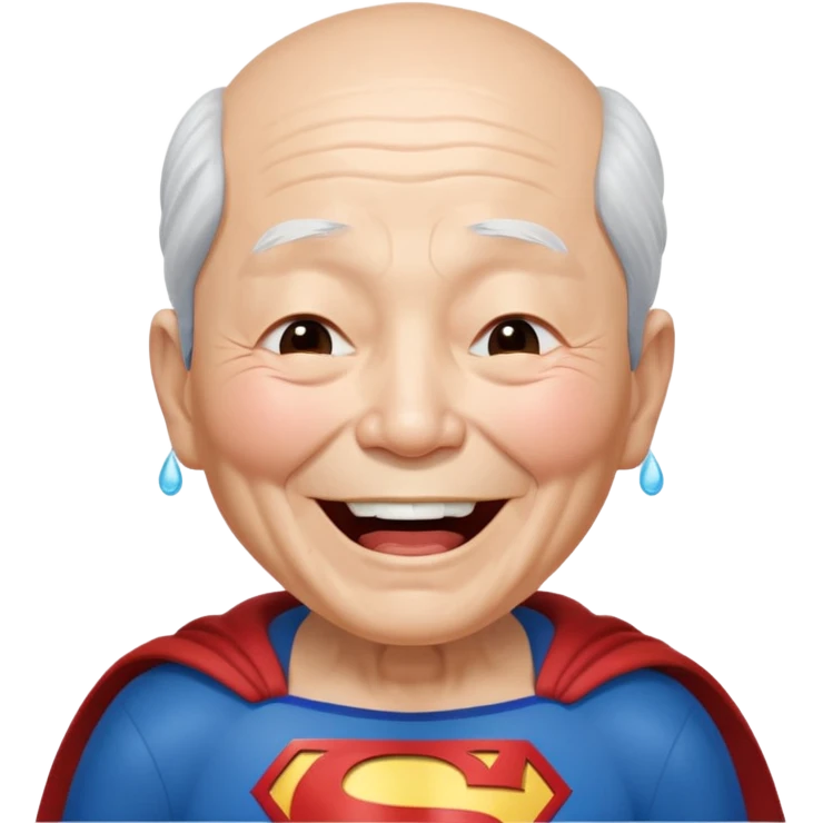 Chinese elderly dressed as Superman laughing exeedingly with closed eyes and tear drops emoji