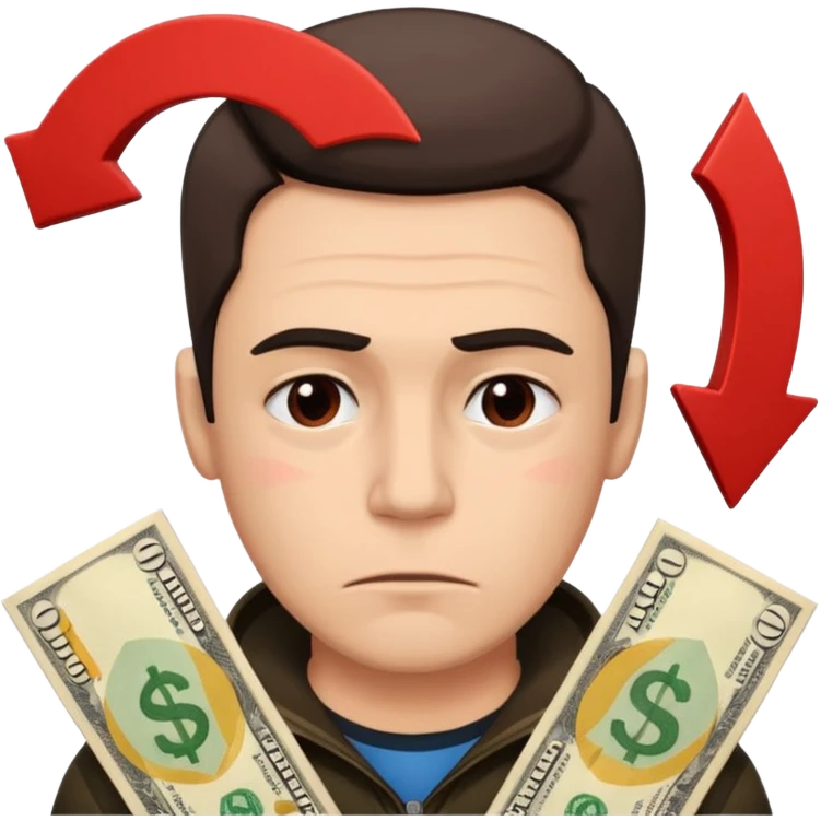 a man with money bills and a red down arrow next to him emoji
