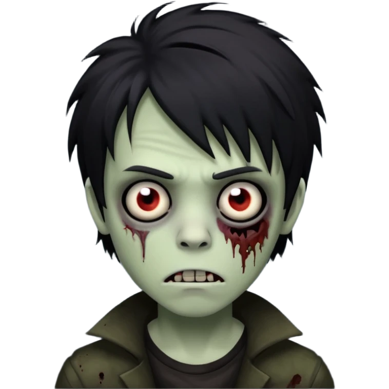 boy zombie with black, medium-long, shaggy emo hair, dark and spooky, creepy expression emoji