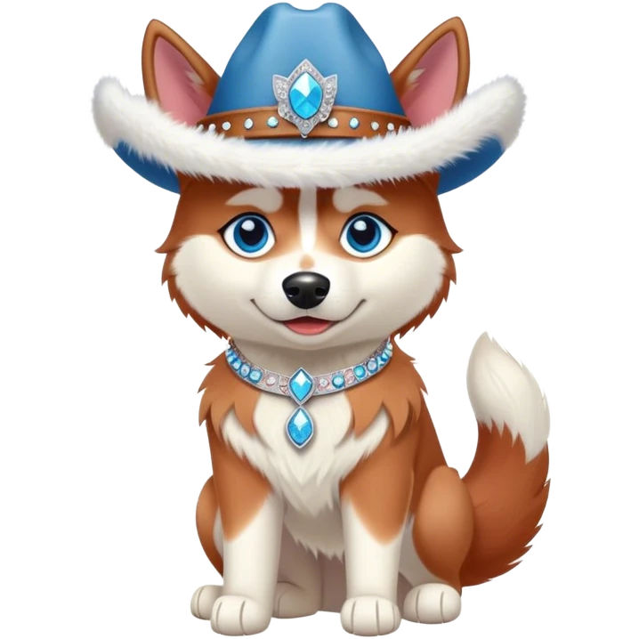 cute, disney-style red siberian husky with blue eyes wearing a bedazzled cowgirl hat, full body view emoji