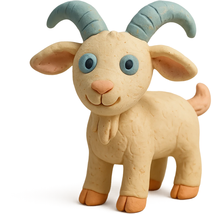 playful goat with curved horns, soft pastel colors, hand-molded details, claymation style emoji