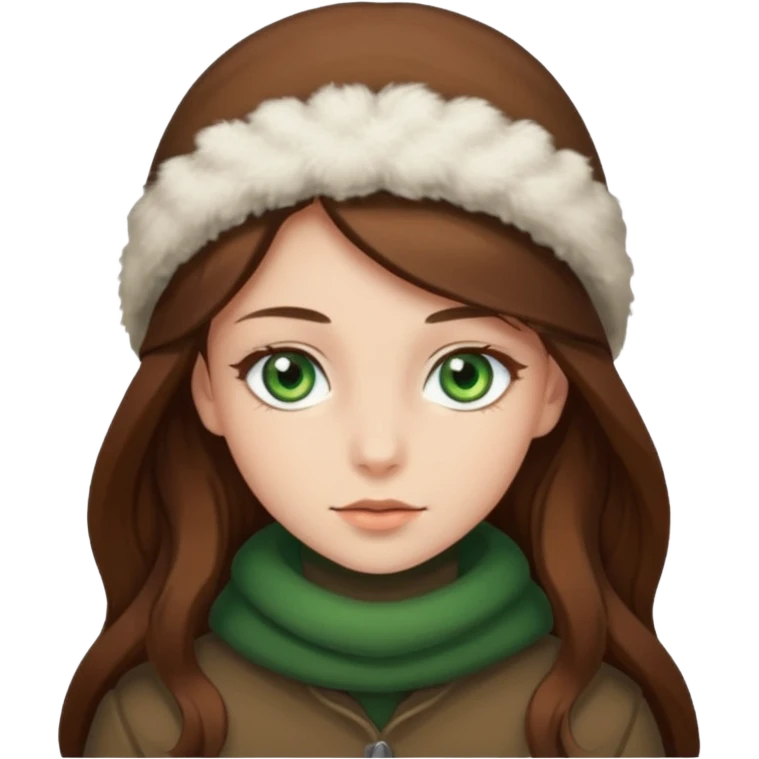 Girl green eyes brown long hair with brown-white winter clothes  emoji
