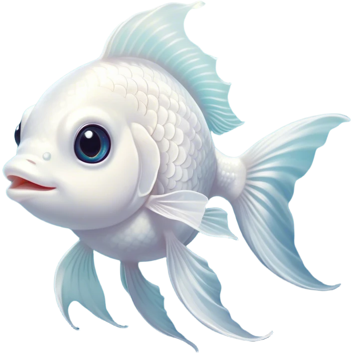 Cinematic Cute White Goldfish Portrait Emoji, Head tilted playfully and inquisitively, featuring a glossy, pure white body with delicate, shimmering scales and round, sparkling pale eyes filled with curiosity, Simplified yet irresistibly adorable features, highly detailed, glowing with a warm, friendly glow, high shine, affectionate and lively, stylized with a touch of whimsy, bright and endearing, soft glowing outline, capturing the essence of a mischievous yet loving goldfish, so playful it feels like it could swim out of the screen and into your heart! emoji