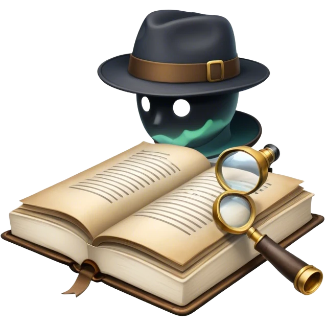 Icon for Detective Reading: an open book with a magnifying glass, a detective’s hat, and a notebook with clues, surrounded by dark shadows and mysterious elements like footprints and a smoking pipe. Transparent background. emoji
