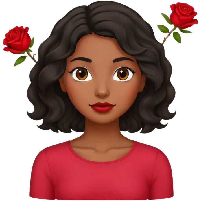 Olive brown eyed women with black wavy hair rose background red top emoji