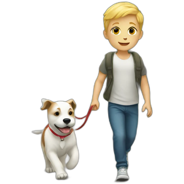 white kid walks with puppy emoji