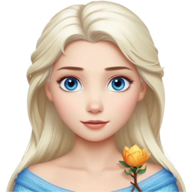 Кинематографический реалистичный портрет Эльзы с мягким естественным освещением и изящно детализированными платиново-русыми волосами Её  выразительные голубые глаза излучают уверенность, спокойное выражение. Портрет отличается мягким чарующим сиянием с прохладной, живописное фото emoji