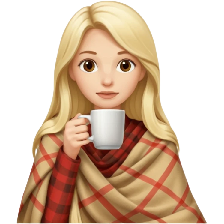 Blonde long hair lady drinking coffe inside a beige plaid blanket  emoji