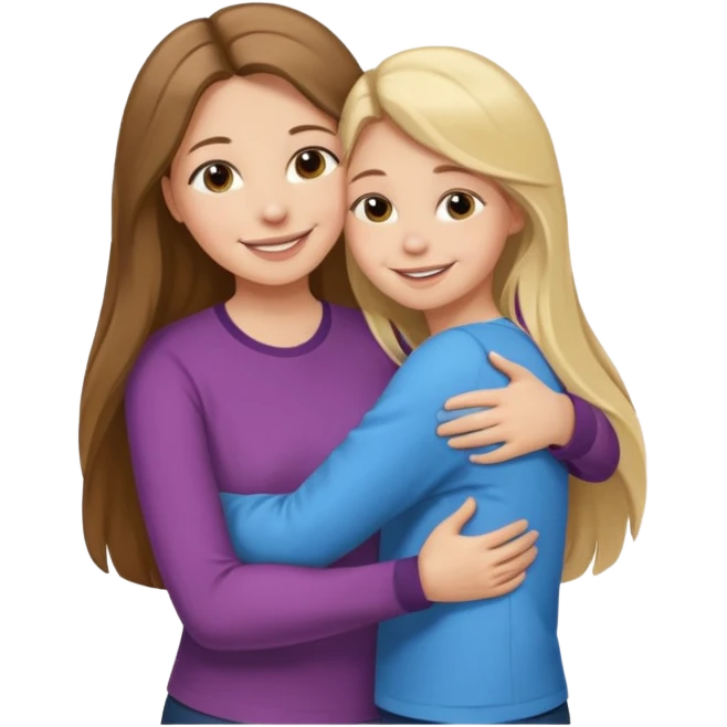 A beautiful mother with long brown hair hugging her cute 12yr old blonde hair daughter super happy emoji