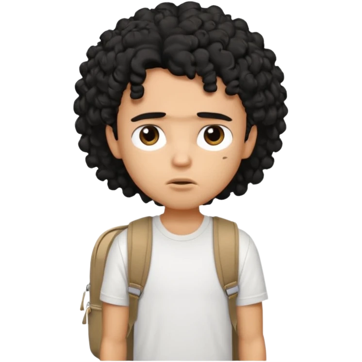 a pretty bratz guy with black curly hair wearing a white tshirt and brown backpack looking tired emoji