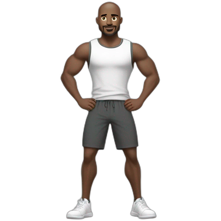 Full height Actively gesturing with hands Pale skinned Fit Man With the biceps, green eyes and brown hair in dark gray Sleeveless Mike, black oversize sports shorts, watch and white Sneakers emoji