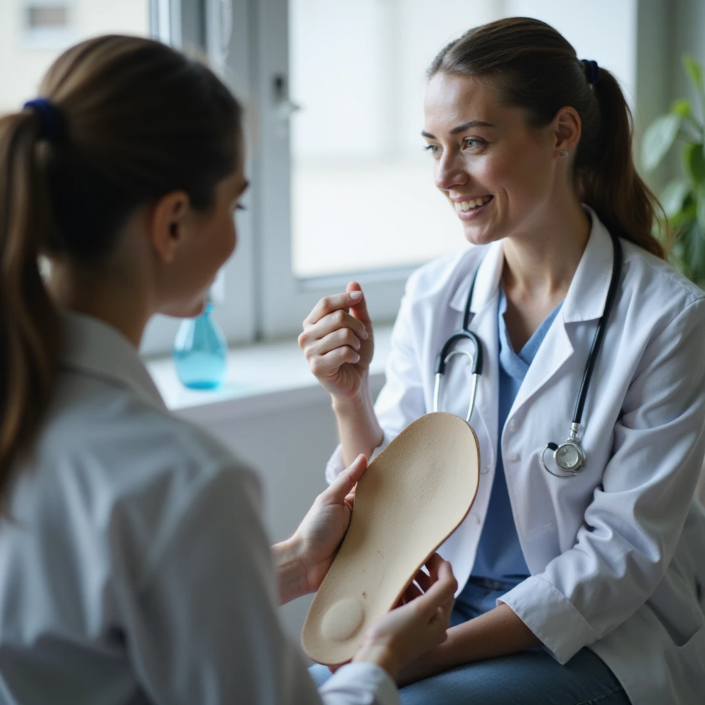 realistic 4K woman consulting orthopedist, showing insole and explaining postural problems, professional medical environment emoji