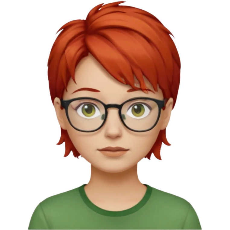 Mujer blanca pelirroja ojos marrones y gafas pelo corto y revuelto camisa verde emoji