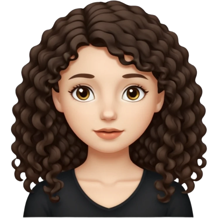 Aesthetic white girl with long curly hair color dark brown (almost black, but more brownish), hair most be in front of the shoulders. Big almond shape eyes color brown, small wide nose, natural lips, sweet expression. Dressed with a cute tight top color black. emoji