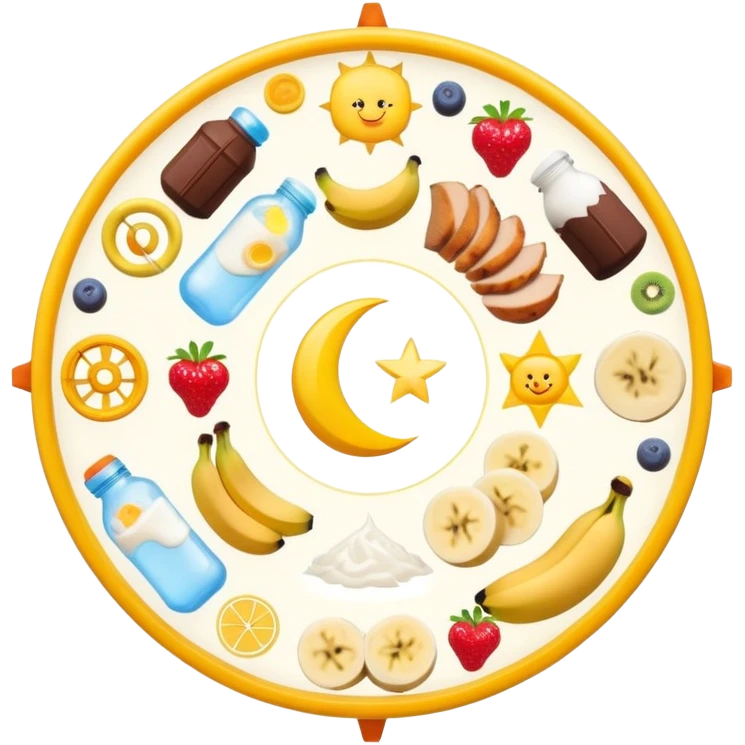 Magical daily routine wheel: water bottle, sun, chicken and rice, banana and shake, dumbbell, yogurt, chocolate and fruits, and moon symbol arranged in a wheel pattern with glowing connections between each element emoji