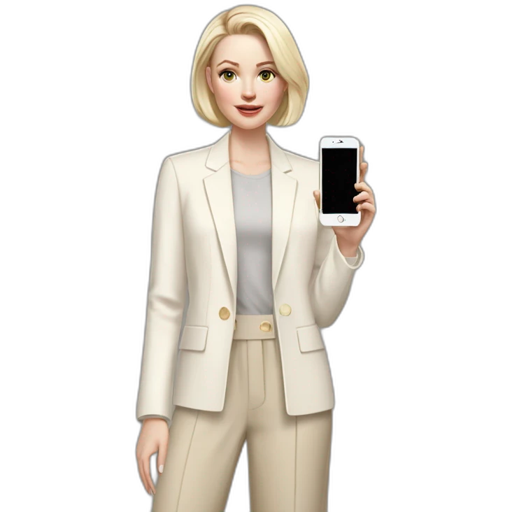pale skin woman with ash blonde Straightened bob Hair, White Spacious classical jacket, beige palazzo Arrow pants and gray blouse holding white IPhone 14 pro in the hands emoji