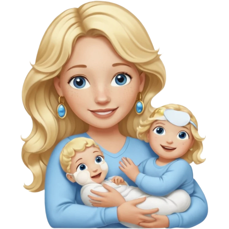 Wavy blonde, white woman with blue eyes, freckles hoop earrings, holding babies smiling and really cute in gold hoops she needs to be holding three newborns, and she needs to be more cute than pretty emoji