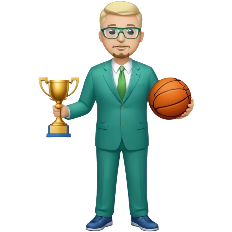 Full Body white fat male  wearing glasses with a goatee with light blonde gray very short hair basketball head Coach in blue and green suit holding trophy emoji