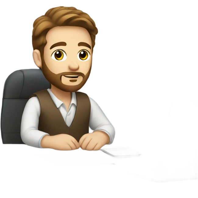 white boy with brown hair and beard sitting at work emoji