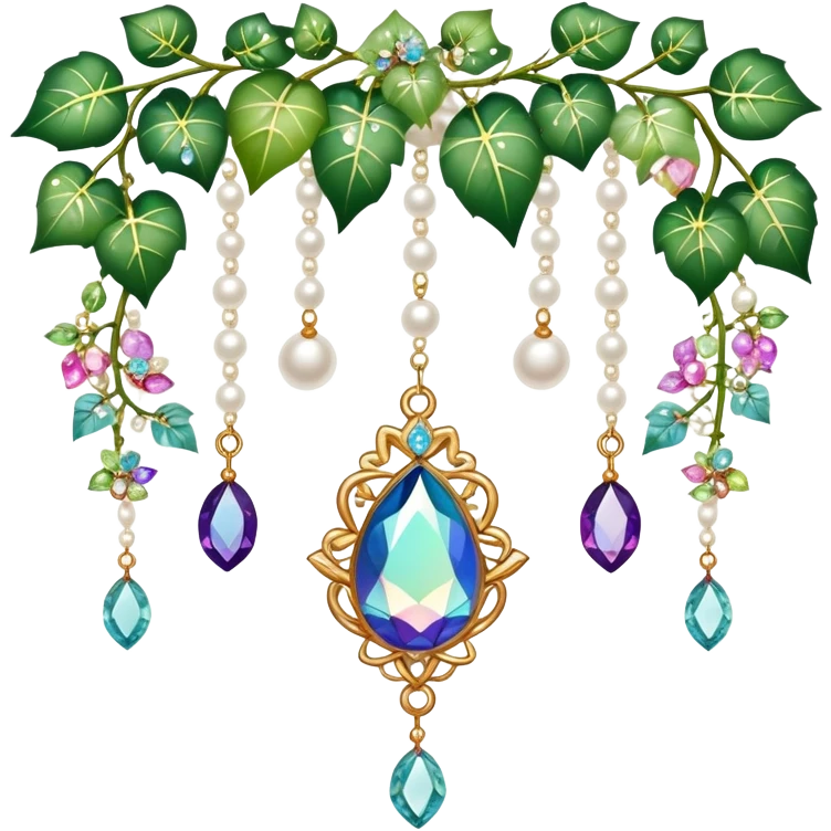 Exotic romantic Few cute tiny Iridescent glistening glossy sparkly shiny glittery hanging crystals pearls and beads and gemstones scenery scenic decorations with ivy and flowers emoji