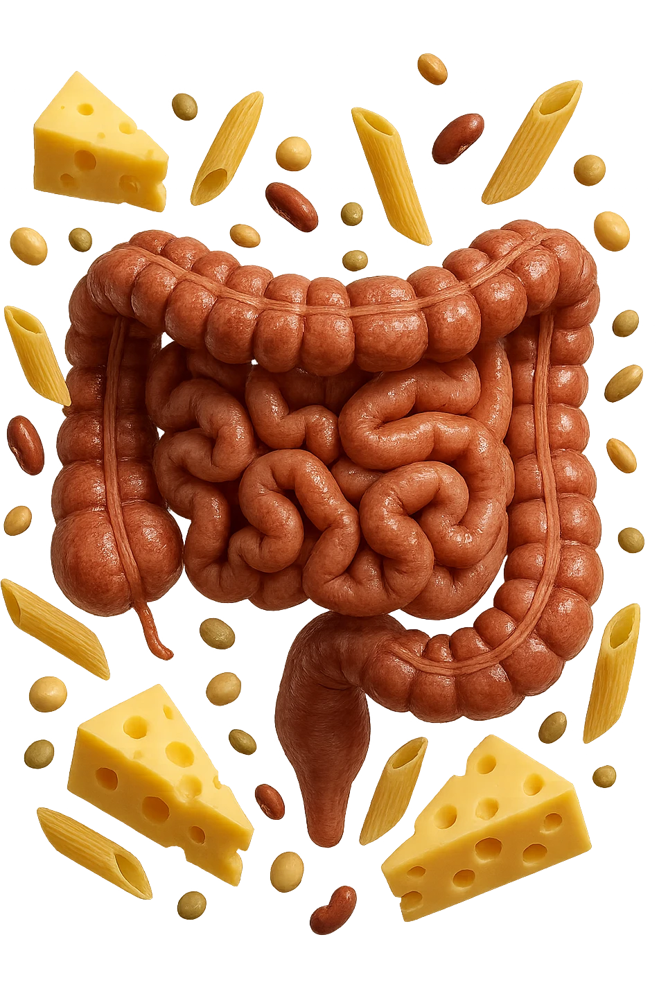 PEZZETTI DI EMMENTAL, PENNE DI PASTA RIGATE E LEGUMI FLUTTUANO INTORNO AD UN INTESTINO UMANO ANATOMICO REALISTICO, iperrealistico 4k emoji