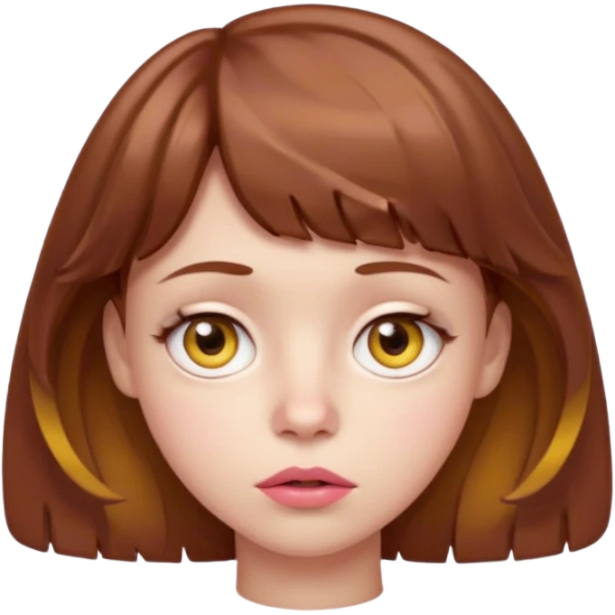 FAÇA UMA PERSONAGEM FOFA COM NARIZ DE BOLINHA AVERMELHADO CLARO E ZUMBI CABELO MARRON ONDULADO E FRANJA CURTA   COMO SE NÃO SOUBESSE OQ FEZ LÁBIOS CLAROS FECHADOS E OLHOS AMARELOS emoji