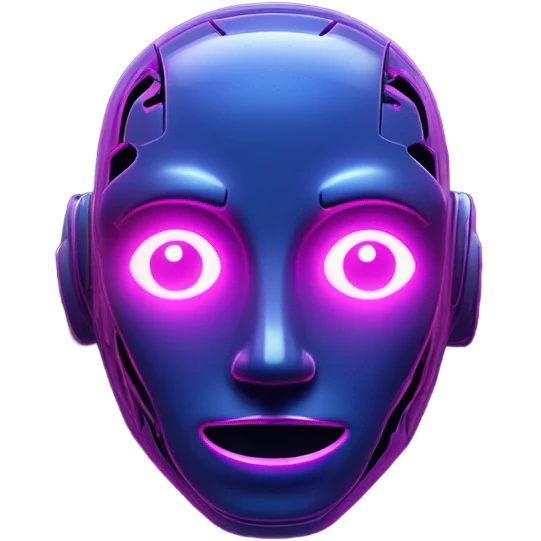 A glossy robot face icon subtly pressed into a midnight-blue panel, lit by neon pink and purple rim lights that cast gentle neumorphic shadows. emoji