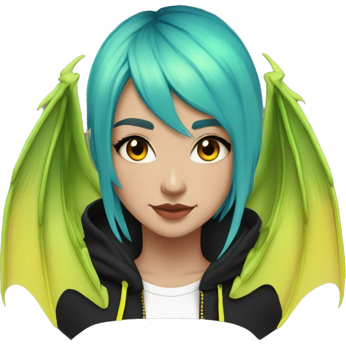 Lady with brunette and iridescent blue hair, gold, lime green dragon wings, black hoodie, bleach dyed, black and gold Nike t shirt, and bright red eyes emoji