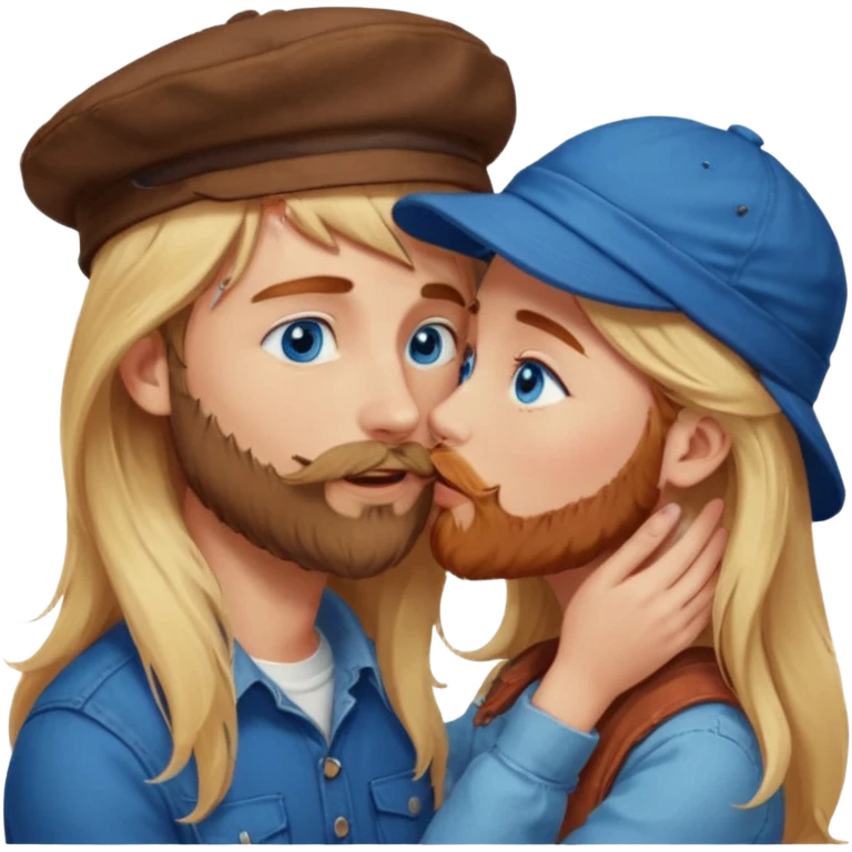 Pretty, long blonde hair blue eyed girl facing a reddish brownish hair-wearing a hat and scruffy beard, blue eyed, white male whose holding her face kissing  emoji