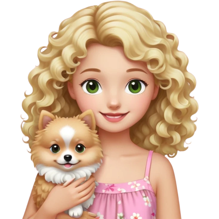 smiling girl with blonde curly hair and brown/Green eyes with a Sweet Blond Pomerania in a pink summer dress  emoji