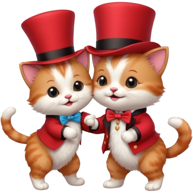 Steampunk:a very cute and adorable anthropomorphic baby cat with a red top hat is dancing with a puppy emoji