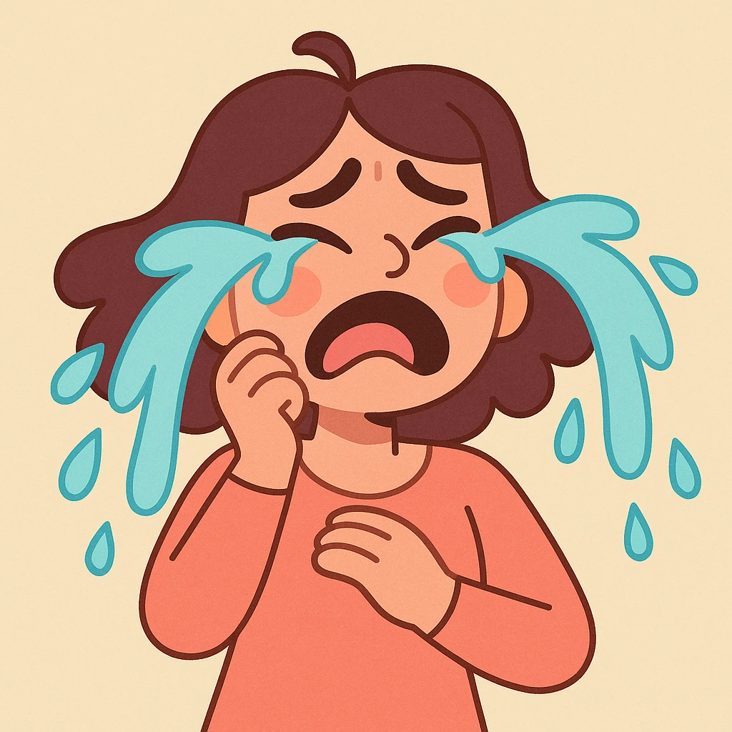 a person crying, exaggerated cartoon tears, pastel toon style emoji
