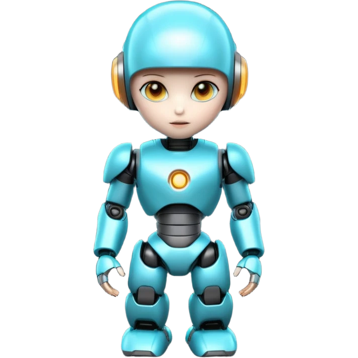 Cute futuristic chibi humanoid robot with large rounded head, add text on chest "LMX". glossy black and grey metal body, glowing cyan and amber eyes, visible joints, confident pose, white background, high-detail 3D render,  emoji