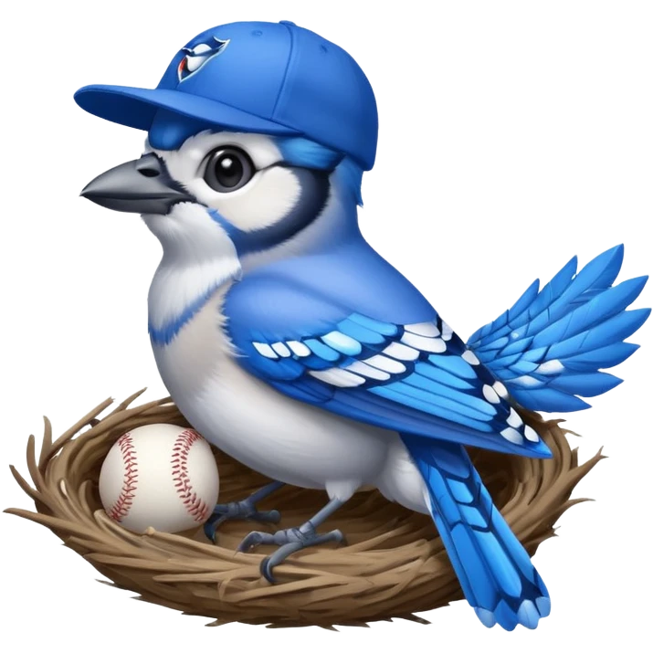 blue jay wearing blue jay baseball hat, standing in nest, holding trophy in left hand emoji