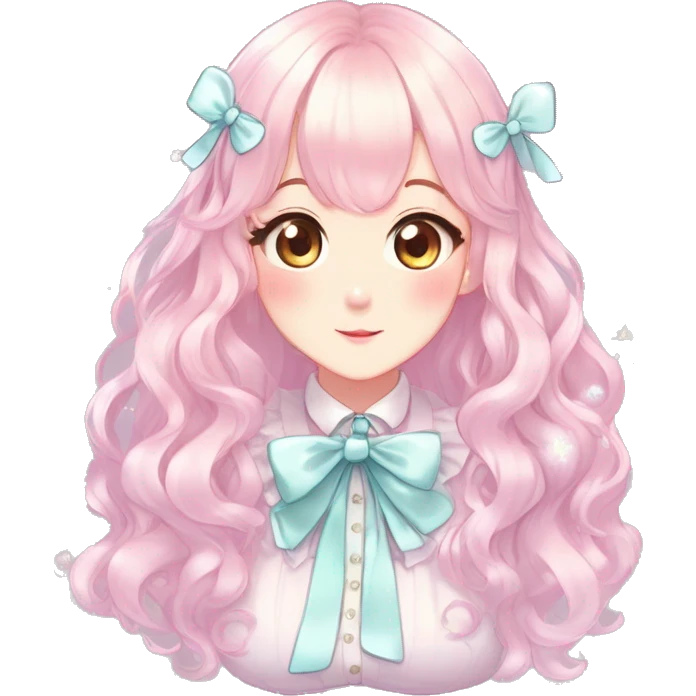 Gorgeous pastel anime style lady with blushing face with sparkly bow tie idol model cottagecore fairycore pastelcore shiny colorful pearly petite simplistic aesthetic trending style emoji
