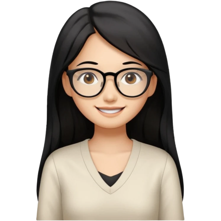 medium tan asian woman with long black hair past middle of back, round brown eyes, white v neck blouse. she has black thick frame rectangle shape glasses on and smiling with no teeth emoji