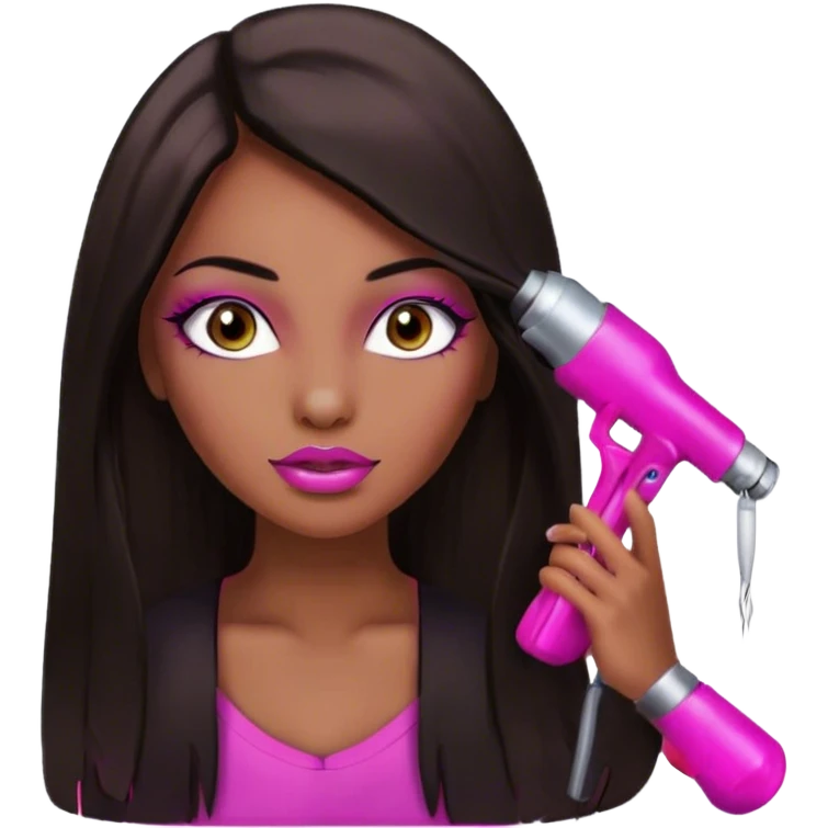 Glamours, dark tan skin tone, very beautiful girl, with big pump pink lips, long long lashes, black straight smooth silky long hair, straight parting hair, brown eyes emoji