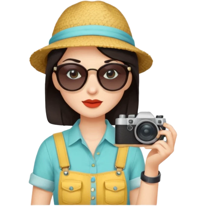 dark haired woman fotographer with summer clothes and sun glasses emoji
