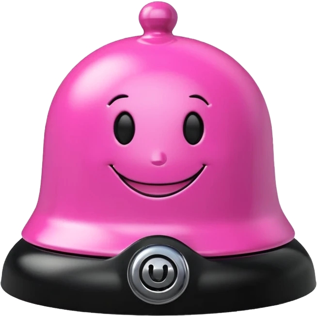 pink call bell with chrome knob on top and black base with smiley face on it emoji