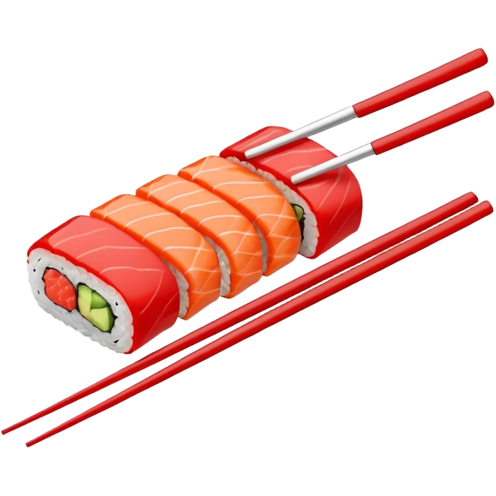 Japanese cuisine humanless avatar in minimalist emoji-style illustration. Sushi, roll and 2 chopsticks, clean lines, red white colors, flat design, calm and modern. emoji