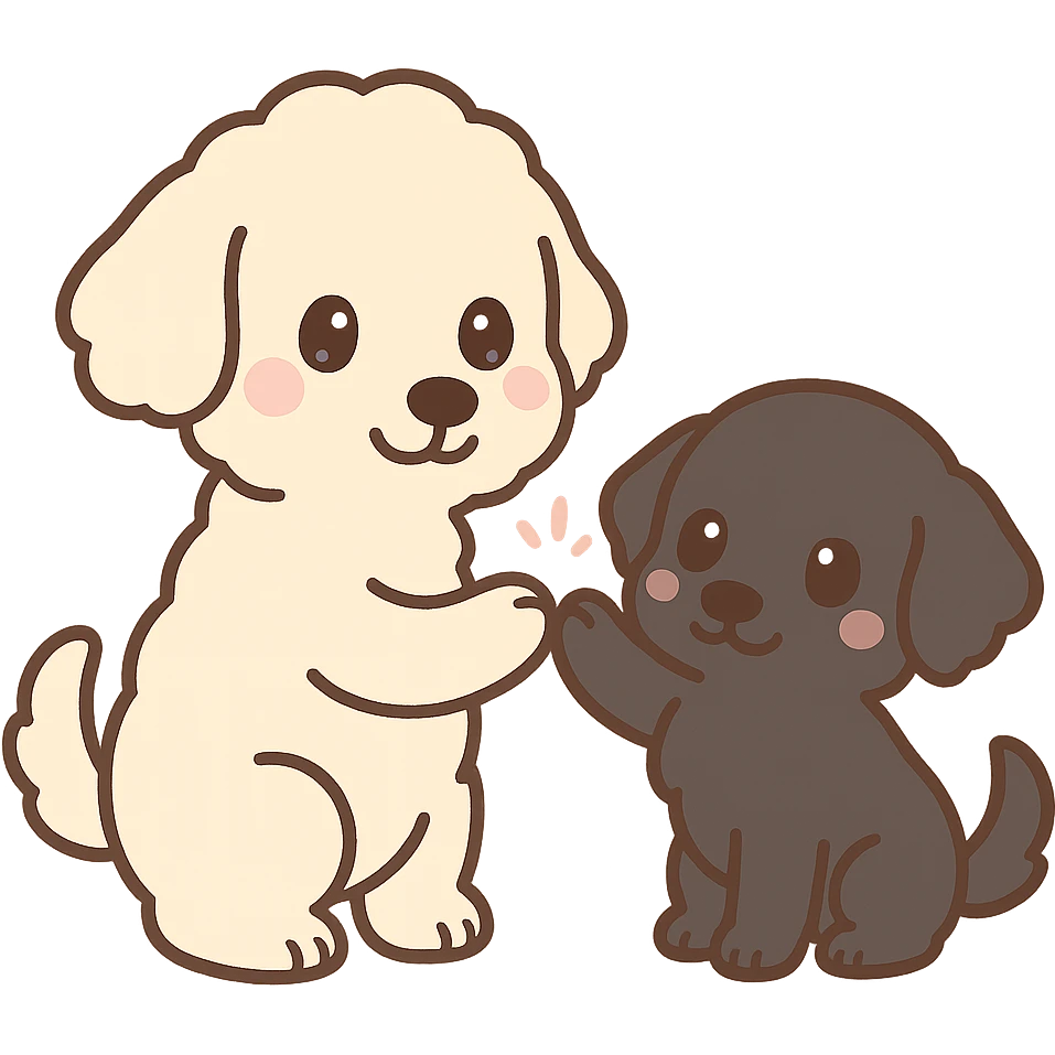 large light cream colored goldendoodle and small black golden retriever, chibi style, giving each other a high five emoji