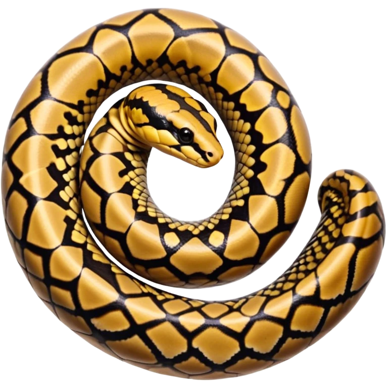 A photo-realistic top-down view of a Ball Python gently coiled into a tight spiral, with its head resting peacefully at the center. Its scales are warm brown with bold, irregular black markings, including the distinctive “alien-head” pattern, flowing smoothly along its body.  emoji