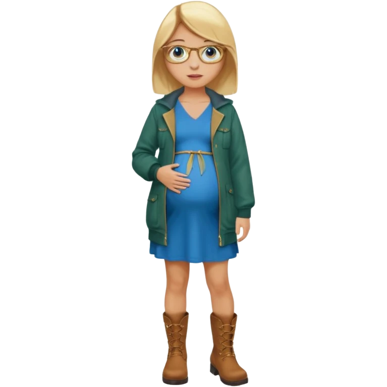 18 year-old pregnant between blonde and brown haired girl with golden glasses with blue eyes in a long bright blue dress and a dark green jacket over the dress and brown boots standing sassily emoji