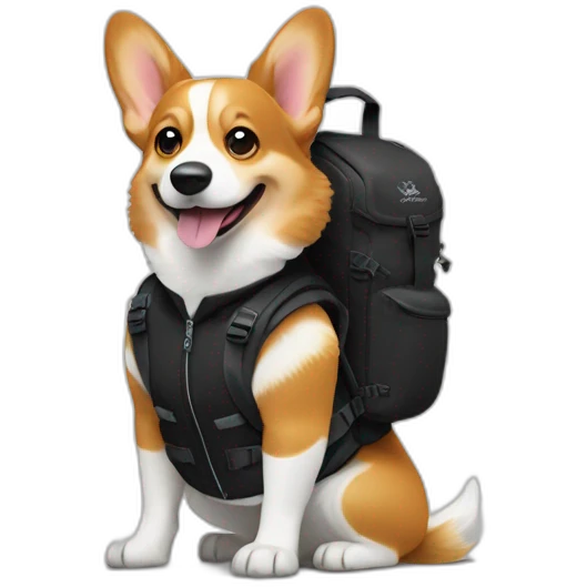 Corgi wearing an arcteryx black jacket with an opsrey backpack and blundstonez emoji