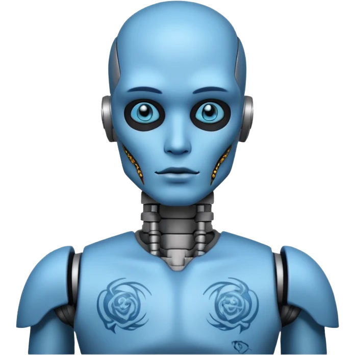 blue Tatooed robot, big many tatooes on chest, neck and face, tatoo on face emoji
