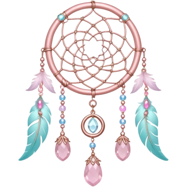 Rosy shiny glossy sparkly romantic pastel crescent damask moon with rose quartz pastel vines pastel gems pastel beads with feathers and chains  suncatcher-dreamcatcher emoji