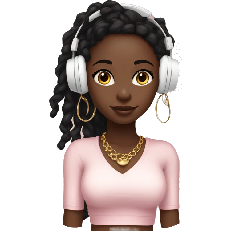 African girl. Black long twists. Wearing white headphones. Listening to music. Wearing a light pink v neck top. Gold Jewelry. Makeup. Blush. emoji